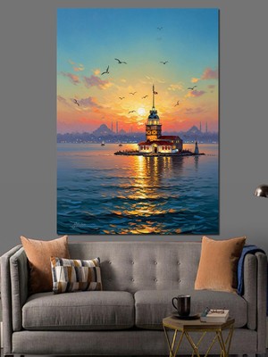 Artmeg Kız Kulesi Turuncu Gün Batımı Dekoratif Kanvas - Mdf Ahşap Tablo