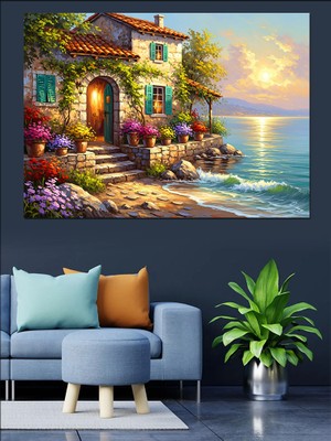 Tablomega Deniz Kenarında Çiçekli Taş Ev Dekoratif Kanvas - Mdf Ahşap Tablo