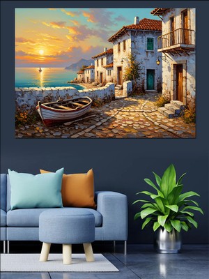 Tablomega Sahilde Kayık ve Eski Kasaba Dekoratif Kanvas - Mdf Ahşap Tablo
