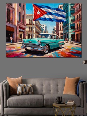 Tablomega Küba Sokağında Klasik Mavi Araba Dekoratif Kanvas - Mdf Ahşap Tablo