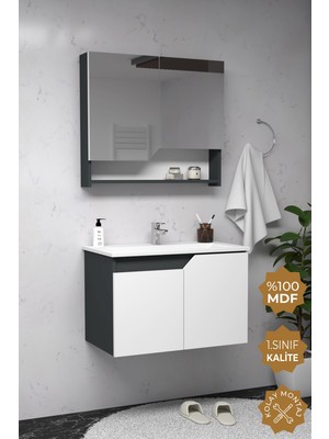 Teta Home Napoli 80 cm Mdf Banyo Dolabı Seti  Antrasit-Beyaz