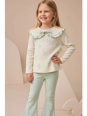 Büyük Yakalı Fiyonk Baskılı Taytlı Kız Çocuk Alt Üst Takım