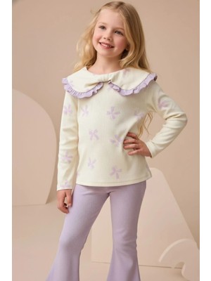 Büyük Yakalı Fiyonk Baskılı Taytlı Kız Çocuk Alt Üst Takım