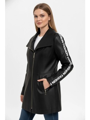 Deriderim Siyah Lori Önden Çapraz Fermuarlı Kemerli Reglan Kol Fashion Yazılı Hakiki Deri Kadın Kaban