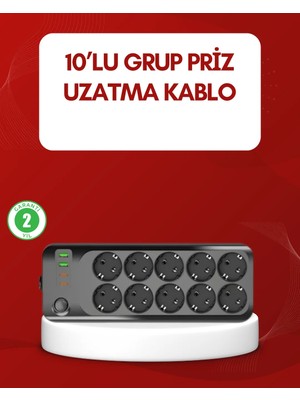 USB Type-C Destekli 10’lu Grup Priz Termal Korumalı 2m Kablo 2500W