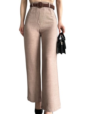 Cash Dukkan Keten Pantolon Beli Kemerli  - Kahve