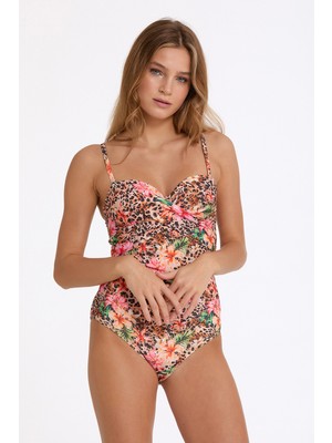 Argento Kadın Pembe Çiçekli Leopar Desenli Drapeli Kaplı Straplez Mayo