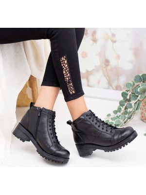 Diego Carlotti Deri Kısa Kadın Bot Fermuarlı Bağcıklı Klasik Model Rahat Yürüyüş