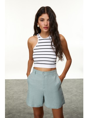 MUDO Çizgili Bisiklet Yaka Crop Bluz