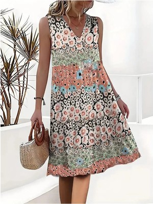 Cash Dukkan Kadın Kolsuz V Yaka Çiçek Desenli Süprem Elbise