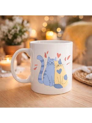 Sevimli Aşık Kediler Desenli Porselen Kupa Model 42 – Love Cats Tasarım Sevgiliye Hediye, Kahve &amp; Çay Kupası