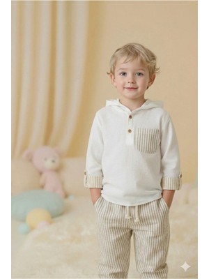 Cattac Kids %100 Pamuk Müslin Erkek Bebek Takım - Kapüşonlu Çizgili Detaylı Doğal Kumaş
