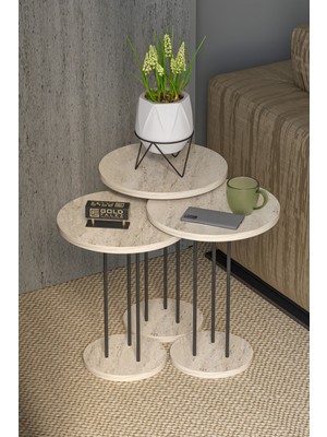 Gold Falez Zigon Sehpa 3'lü Set Traverten Yuvarlak Tasarım Kaliteli Malzeme ile Şık Kullanım