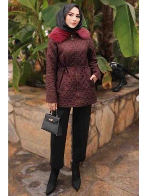 Kadın Kapitone Tesettür Mont – Kürk Yakalı Bel Büzgülü Fermuarlı Kışlık Mont