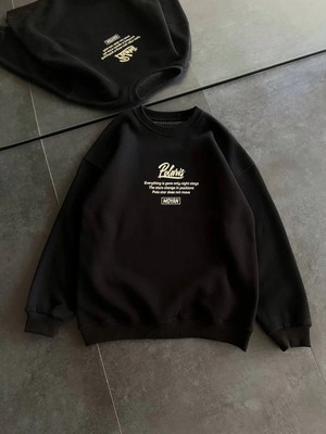 Marsilyan Kışlık Bisiklet Yaka Ön ve Arka Baskılı Sweatshirt - Siyah -