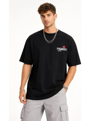 Marsilyan- Erkek Bisiklet Yaka Baskılı  Kısa Kollu Tişört Streetwear Günlük Basic Pamuklu T-Shirt - Siyah