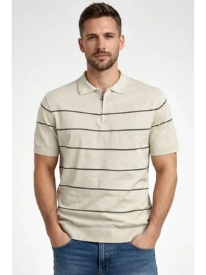 Marsilyan- Erkek T-Shirt Çizgili Triko Dokuma Kumaş Polo Yaka Yarım Fermuarlı Regular Kalıp Tişört - Bej