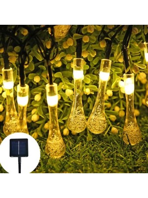 AyrStore Buğz 10 LED 2 Metre Sarı Kristal Su Damlası Güneş Enerjili LED Işık Solar Bahçe Ağaç Lamba