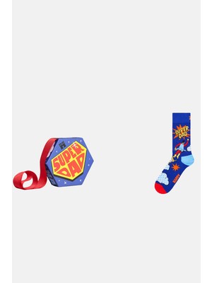 Happy Socks - Mavi Süper Baba Desenli 1\'li Pamuklu Çorap Seti