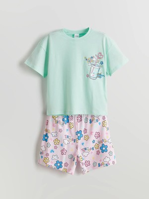 Lc Waikiki Yeni Sezon Bisiklet Yaka Çiçekli Kız Çocuk Şortlu Pijama Takımı
