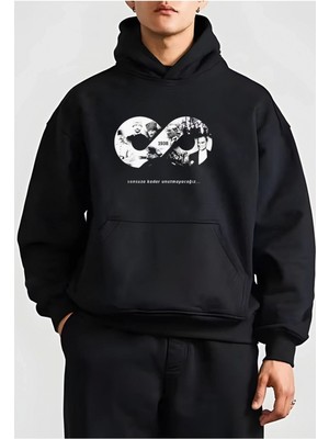 Marsilyan 10 Kasıma Özel Üç Iplik Kapüşonlu Baskılı Sweatshirt - Siyah -