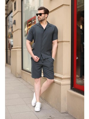 Madmext Füme %100 Pamuklu Erkek Şort Gömlek Takım E7361