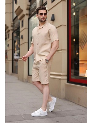 Madmext Bej %100 Pamuklu Erkek Şort Gömlek Takım E7361