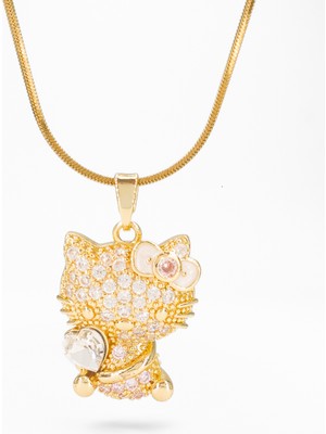 Stella Fortis Zirkonyum Işlemeli Hello Kitty Figürlü Altın Renk Kadın Kolye – Kalp Detaylı Sevimli Tasarım