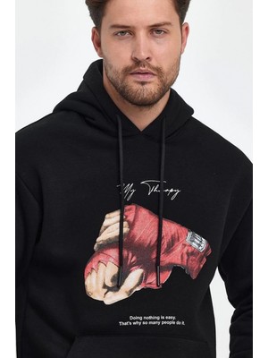 Marsilyan Kapüşonlu Üç Iplik Oversize Baskılı Sweatshirt - Siyah -