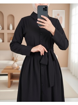 Modamorfo Çapraz Düğmeli Beli Bağlamalı Gömlek Yaka Elbise -Siyah