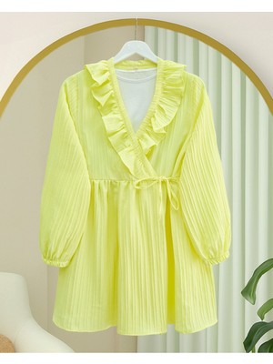 Modamorfo Fırfırlı Önü Bağcıklı Kolu Lastikli Kimono  -Sarı