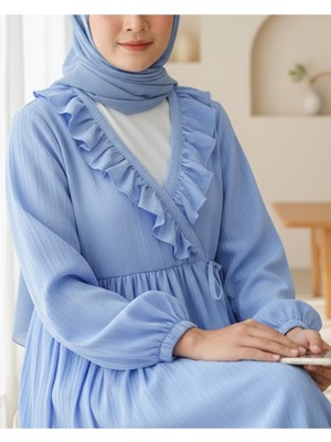Moda Morfo Fırfırlı Önü Bağcıklı Kolu Lastikli Kimono  -Mavi