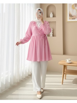 Moda Morfo Fırfırlı Önü Bağcıklı Kolu Lastikli Kimono  -Pudra