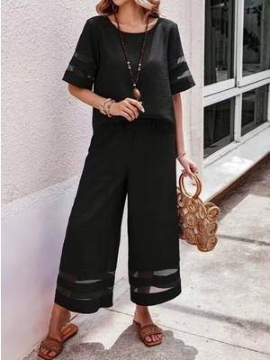 Marsilyan- Kadın Kısa Kollu Bisiklet Yakalı Tül Şerit Detaylı Bluz ve Pantolon Ikili Takım