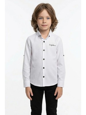 FullaModa Yazı Baskılı Kolu Katlamalı Erkek Çocuk Gömlek