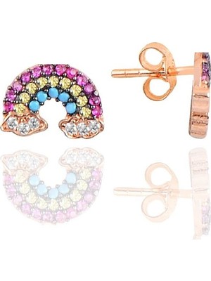 Söğütlü Silver Gümüş Rose Gökkuşağı Küpe 925 Ayar Zirkon Taşlı Renkli Tasarım