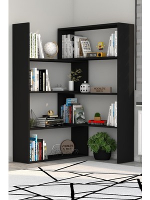 Moonlife Siyah Pisagor Kitaplık 8 Raflı Modern Tasarım 118 cm Yükseklik 120 cm Geniş Depolama