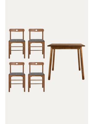 Unboxdeco 2-4 Kişilik Alaçatı Masif Ceviz Ahşap Masa Takımı, 4 Adet Sandalye Ile, Gri 80X80 cm