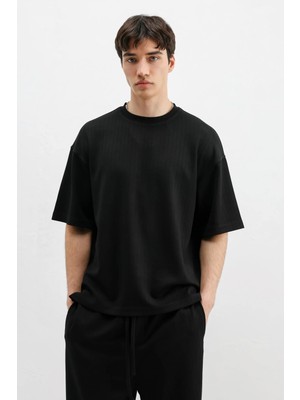 Vamos Fitilli Dokulu Oversize Tişört Siyah