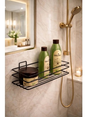 Atacı Home 1. Kalite Siyah Paslanmaz Yapışkanlı Banyo Rafı Şampuanlık Sabunluk Banyo Duş Askısı