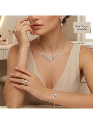 Pigado 925 Ayar Gümüş Zirkon Taşlı Kolye Küpe Bileklik Yüzük Seti