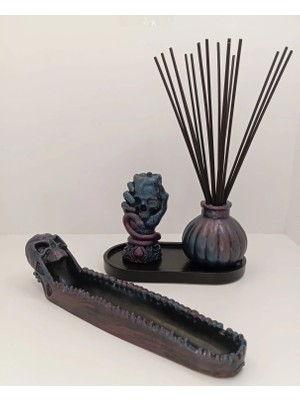 Tedisanat Mistik Kuru Kafa Tasarımlı Set (Çubuk Tütsülük + 3 ' Lü Vazo Set)