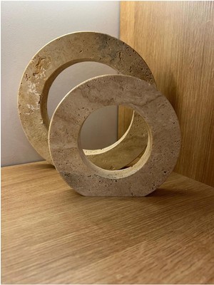 Özbience Iki Parça Traverten Doğal Taş Halka Obje, Şık ve Modern Dekorasyon