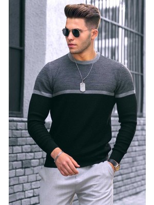 Madmext Siyah Renk Bloklu Erkek Kazak %70 Yün %30 Pamuk 4734 Regular Fit Tasarım