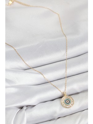 Pirinç Zirkon Taşlı Su Yolu Nazar Model Gold Renk Kadın Kolye