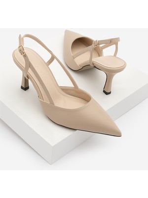 Marjin Kadın Sivri Burun Yanları Açık Bantlı Klasik Topuklu Ayakkabı Suder Bej