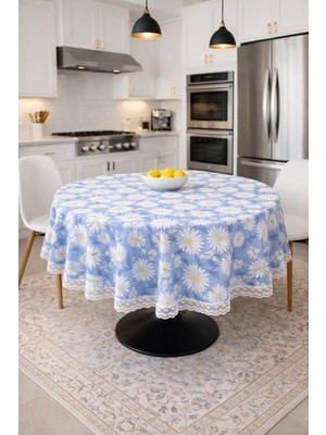 Rona Home Papatya Desenli Yuvarlak Masa Örtüsü Dantel Kenarlı Leke Tutmaz Silinebilir Kaliteli Kumaş Lüks Sofr