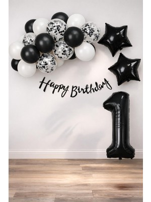 Patladı Gitti Siyah Konsept 1 Yaş Doğum Günü Kutlama Seti; Beyaz Siyah Konfetili Balon, Rakam Yıldız Folyo ve Banner