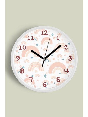 JHAAR Pastel Gökkuşağı Desenli Çocuk Duvar Saati - 25CM - Önü Camlı Beyaz Kasa