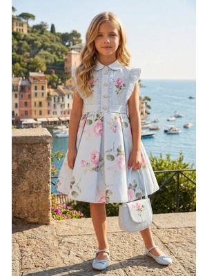 Pamina Kız Çocuk Saten Çantalı Çiçekli Elbise Mavi 36343